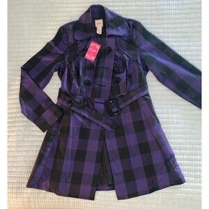 Candies Juniors Jacket Double Breasted Purple/Black Check Belted Coat XL Flaw